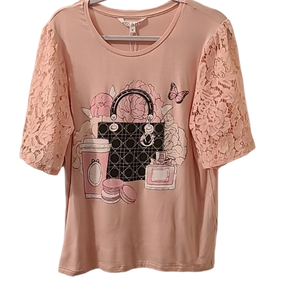 KISS & FLY WOMENS PINK FEMININE TOP WITH LACE SHORT  SLEEVES SIZE MEDIUM - Picture 1 of 16